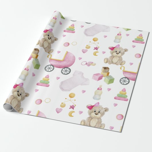Pink Teddy Bear Girl Babydusche Geschenkpapier (Ungerollt)