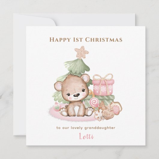 Pink Teddy Bear Girl Erste Weihnachtskarte Karte (Vorderseite)