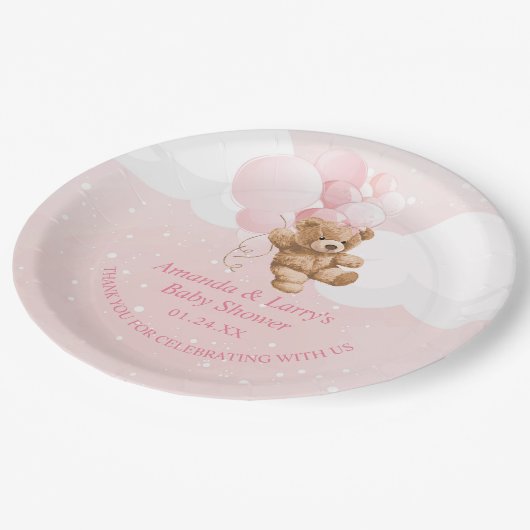 Pink Teddy Bear mit Balloons Paper Teller (Schrägansicht)
