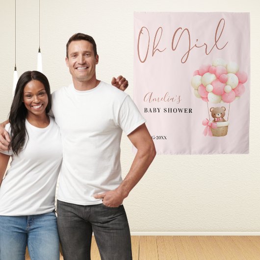 Pink Teddy Bear Oh Girl Balloon Baby Dusche Party Wandteppich