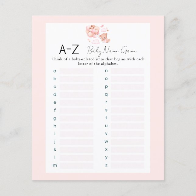 Pink Teddy Bear One Baby Name Dusche Spiel (Vorderseite)