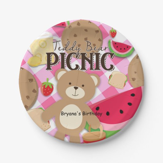 Pink Teddy Bear Picnic Sommer Geburtstagsparty Pappteller (Vorderseite)