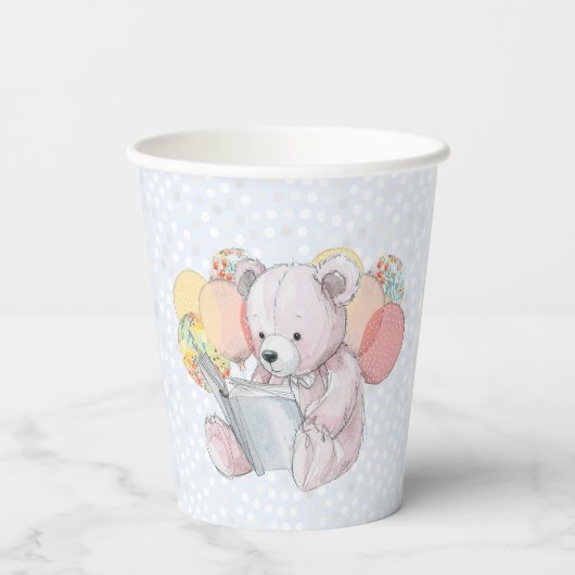 Pink Teddy Bear reading a book  Pappbecher (Rückseite)