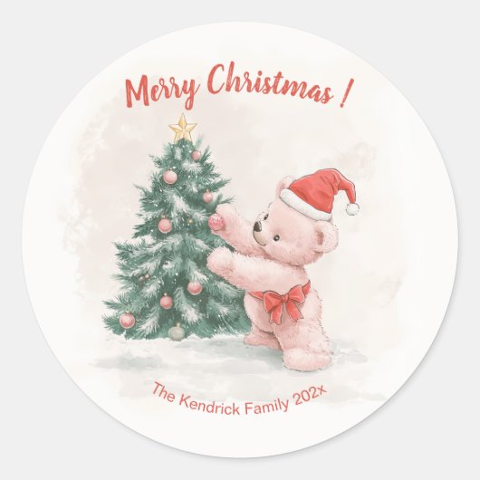 Pink Teddy Bear Retro Christmas Runder Aufkleber (Vorderseite)