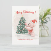 Pink Teddy Bear Retro Weihnachtskarte Feiertagskarte (Stehend Vorderseite)