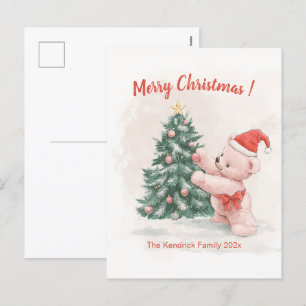 Pink Teddy Bear Retro Weihnachtskarte Feiertagspostkarte