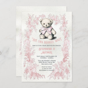 Pink Teddy Bear Toile Wasserfarben Babydusche Einladung