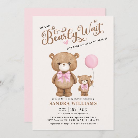 Pink Teddy Bear wir können frühes Abwarten Baby Du Einladung (Vorne/Hinten)