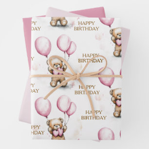 Pink Teddy Bear Wrapping Paper Geschenkpapier Set