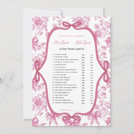 Pink Tee Er sagte, sie sagte Brautparty-Spielkarte Ankündigung (Vorderseite)
