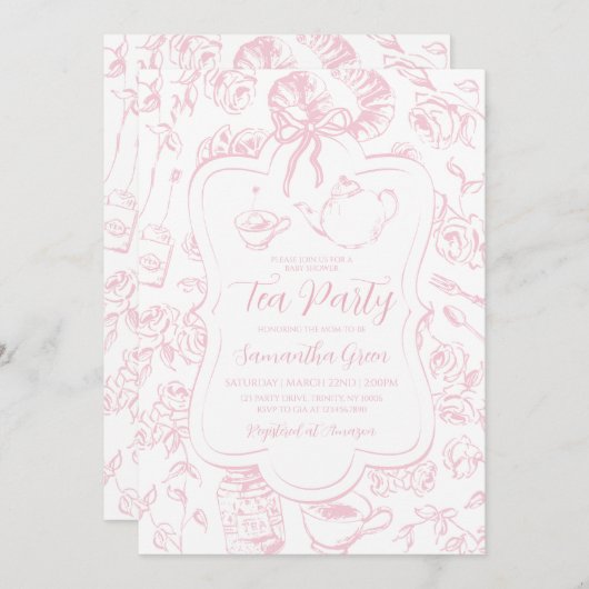 Pink Tee Party Babydusche Einladung (Vorne/Hinten)