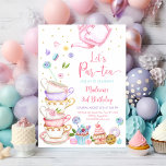 Pink Tee Party Geburtstag Einladung<br><div class="desc">Dieses bezaubernde Design bietet Teebecher in Aquarellen mit rosa Blumen und Imitaten mit vergoldeten Glitzer.</div>