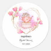 Pink Tee Pot Brautparty Rose Gold Floral Runder Aufkleber (Vorderseite)