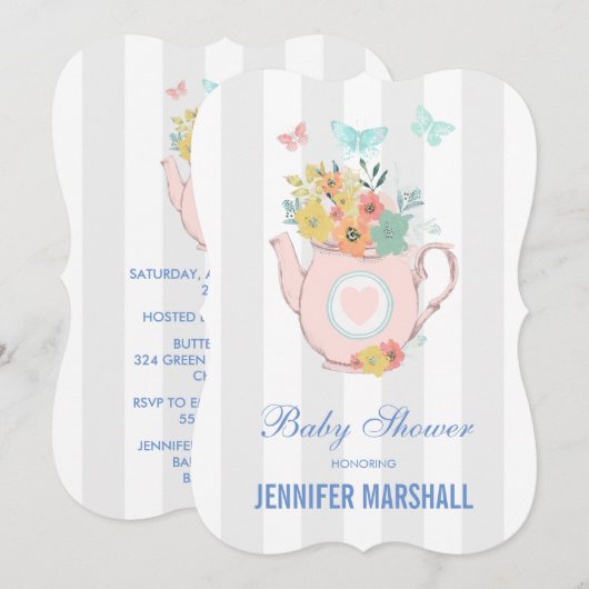 Pink Teekanne mit Blume & Schmetterlinge Kinderdus Einladung (Vorne/Hinten)