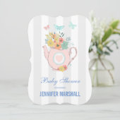 Pink Teekanne mit Blume & Schmetterlinge Kinderdus Einladung (Stehend Vorderseite)
