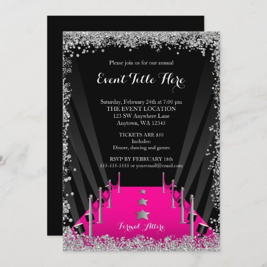 Pink Teppich Hollywood Silver Glitzer Formal Event Einladung (Vorne/Hinten)