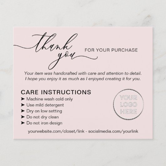 Pink Thank you Washing Care Instructions Advice Flyer (Vorne)