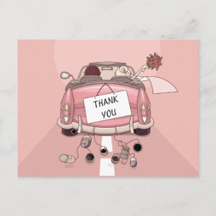 Pink Thank You Wedding Car Bride & Groom Cartoon Postkarte