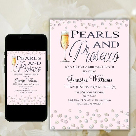 Pink Theme Pearls and Prosecco Brautparty Einladung
