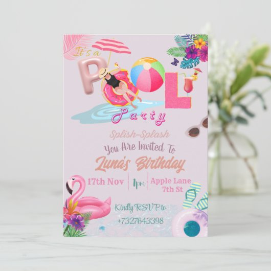 PInk Theme Pool-Party Einladung (Stehend Vorderseite)