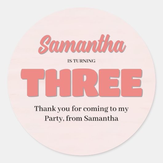 Pink Third Birthday Girl Party Runder Aufkleber (Vorderseite)