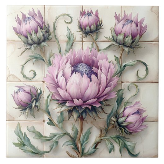 Pink Thistle Flowers Ceramic Tile Fliese (Vorderseite)