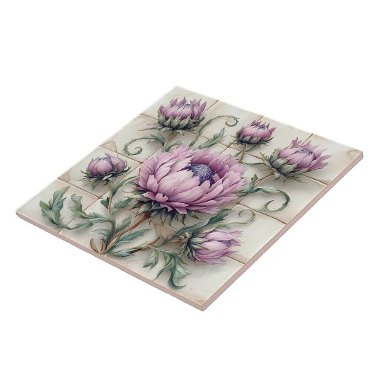Pink Thistle Flowers Ceramic Tile Fliese (Seite)