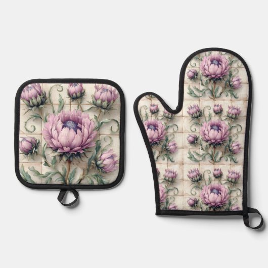 Pink Thistle Flowers Ceramic Tile Ofenhandschuh & Topflappen-Set (Vorderseite)