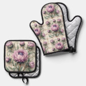 Pink Thistle Flowers Ceramic Tile Ofenhandschuh & Topflappen-Set (Vorderseite/Rückseite)