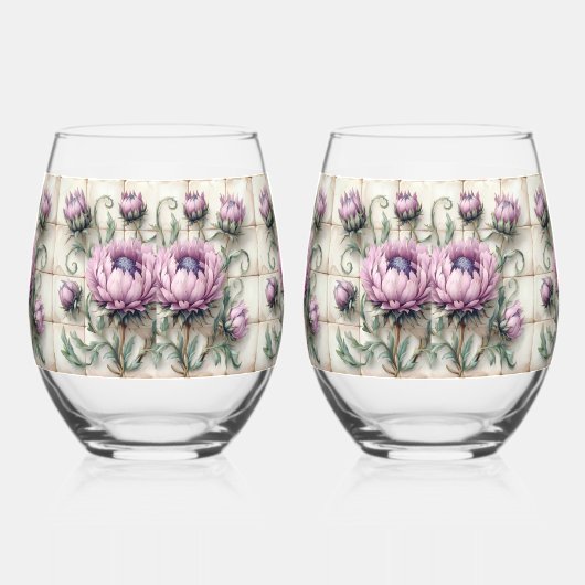 Pink Thistle Flowers Tile Weinglas Ohne Stiel (Rechts)
