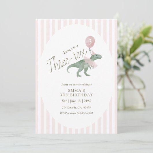 Pink Three Rex Dinosaur Third Birthday Invitation Einladung (Stehend Vorderseite)