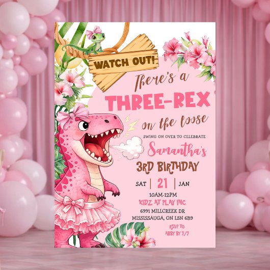 Pink Three Rex On The Loose Third Birthday Einladung
