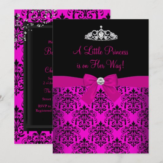 Pink Tiara & Damask Kinderdusche Einladung (Vorne/Hinten)