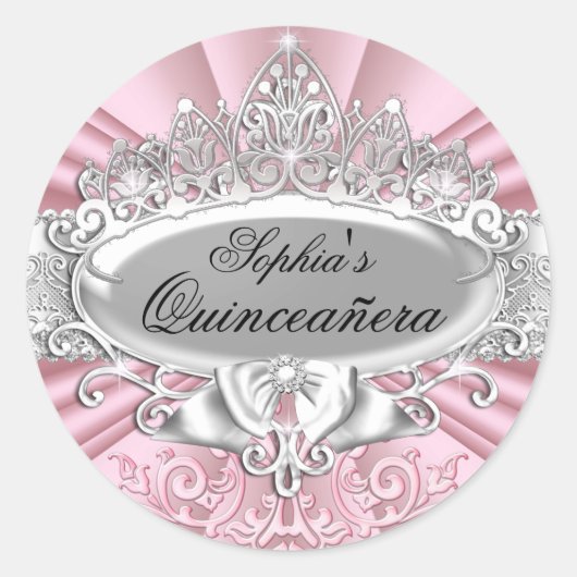 Pink Tiara & Damask Quinceanera Sticker (Vorderseite)