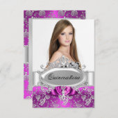 Pink Tiara & Floral Rose Quinceanera Einladung (Vorne/Hinten)