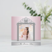 Pink Tiara Pink Foto Quinceanera Einladung (Stehend Vorderseite)