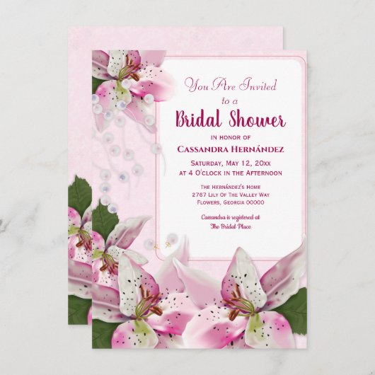 Pink Tiger Lily Pearls Spring Brautparty Einladung (Vorne/Hinten)
