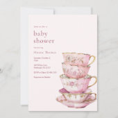 Pink Time for Tea Baby Shower Einladung (Vorderseite)