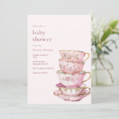 Pink Time for Tea Baby Shower Einladung (Stehend Vorderseite)