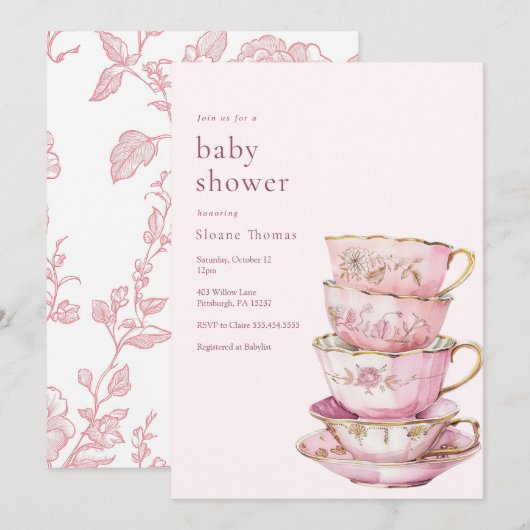 Pink Time for Tea Baby Shower Einladung (Vorne/Hinten)