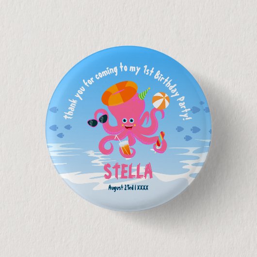 Pink Tintenfisch Sommer Baby Mädchen Geburtstagsfe Button (Vorderseite)