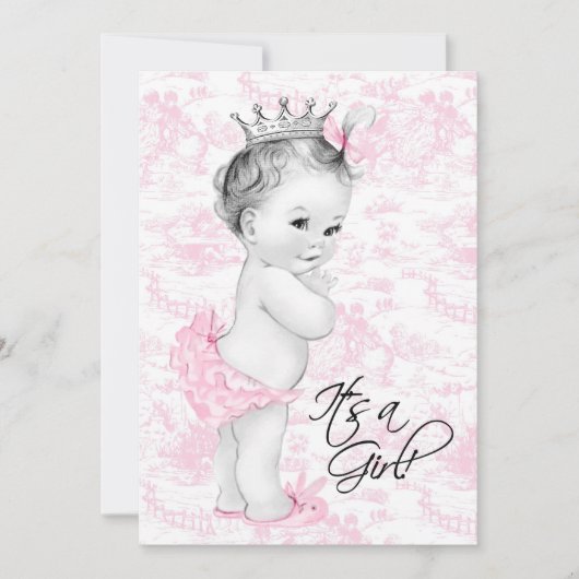 Pink Toile Baby Girl Dusche Einladung (Vorderseite)