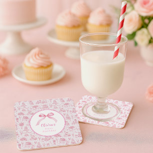 Pink Toile Coquette Bow 1. Geburtstagskarte Rechteckiger Pappuntersetzer