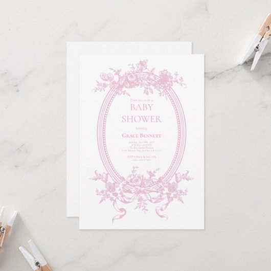 Pink Toile de Jouy Baby Dusche Einladung (Vorderseite/Rückseite Beispiel)