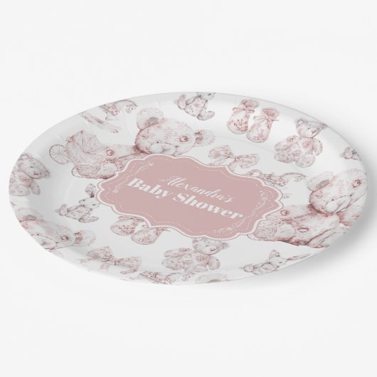 Pink Toile De Jouy Baby Dusche Pappteller (Schrägansicht)