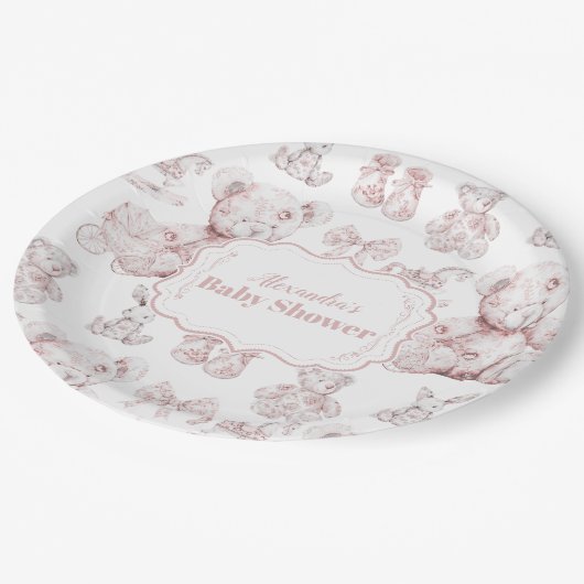 Pink Toile De Jouy Baby Dusche Pappteller (Schrägansicht)