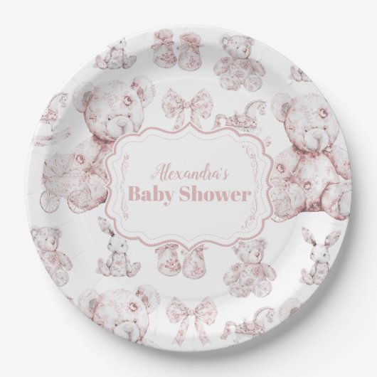 Pink Toile De Jouy Baby Dusche Pappteller (Vorderseite)