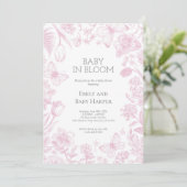 Pink Toile de Jouy Baby in Bloom Baby Dusche Einladung (Stehend Vorderseite)