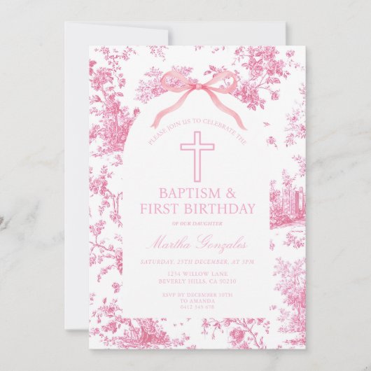 Pink Toile de Jouy Baptism & First Birthday Bow Einladung (Vorderseite)