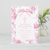 Pink Toile de Jouy Baptism & First Birthday Bow Einladung (Stehend Vorderseite)
